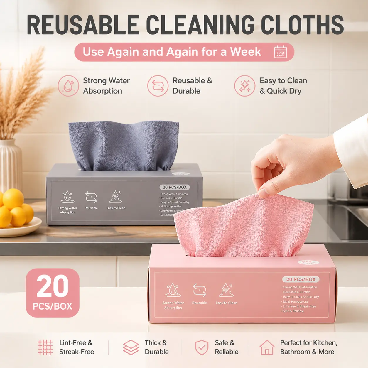 Disposable Cleaning Cloths, 20 Pack Microfiber Kitchen Towels, Super Absorbent Wipes for Dishes, Grease, Oil & Household Cleaning