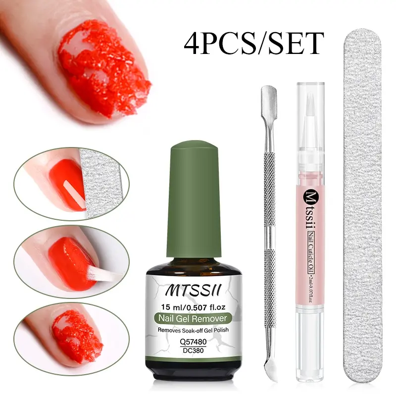 MTSSII 4pcs Professional Nail Art Gel Polish Remover Set, Fingernail Polish Remover, Nail Products, Quick UV Gel Removal in 2-3 Minutes, Magic Soak-Off Formula Without Soaking or Wrapping Nails, Nail Glue Remover, Gel Nail Polish Remover Kit