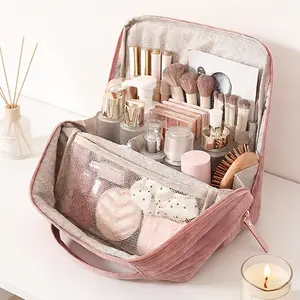 Large Capacity Multi-Layer Standing Makeup Bag, Portable Travel Cosmetic Organizer, Handheld Multifunctional Wash Kit, Easy Storage Case