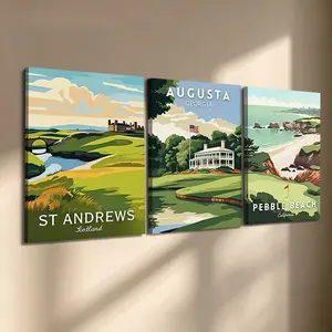 3 Count Wooden Frame Canvas Prints, Retro Golf Course Travel Poster Triptych Canvas Wall Art, Vintage Style Green Print, Contemporary Art, Exquisite Family Poster, Suitable for Living Room Corridor Wall, HD Inkjet Printing, Artwork