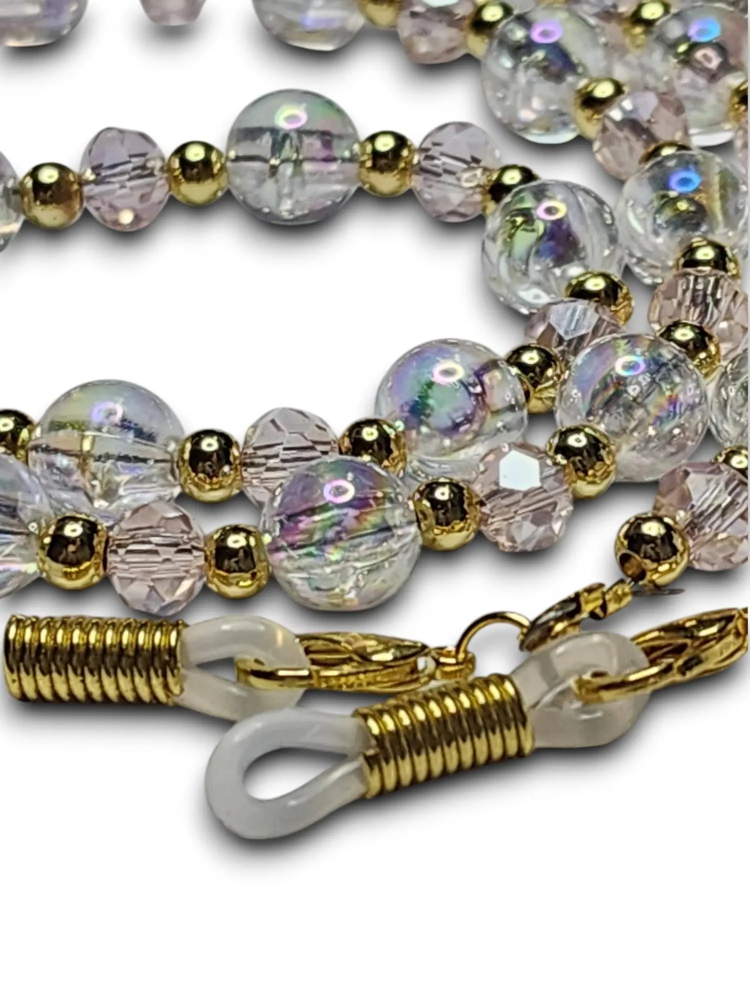 Demure Eyeglass Chain & Necklace Accessory with Pink Glass Beads and 14k Gold-filled or Stainless Steel Material Multicolor Eyeglass