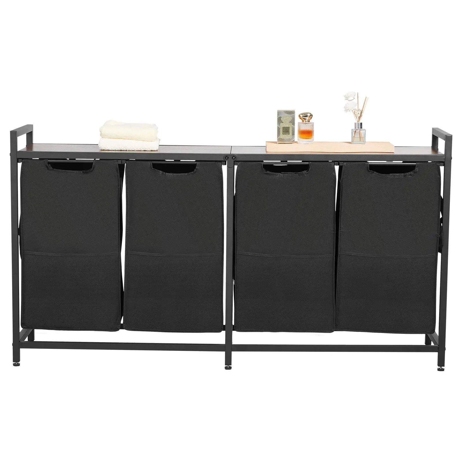 VEVOR Sturdy Rectangular 4-Section Laundry Basket, Large Freestanding Adjustable Laundry Sorter with Carbon Steel Frame, Wooden Tabletop & Stable-on-Uneven Pull-Out Waterproof 600D Oxford Cloth Bags for Bathroom Home Organization