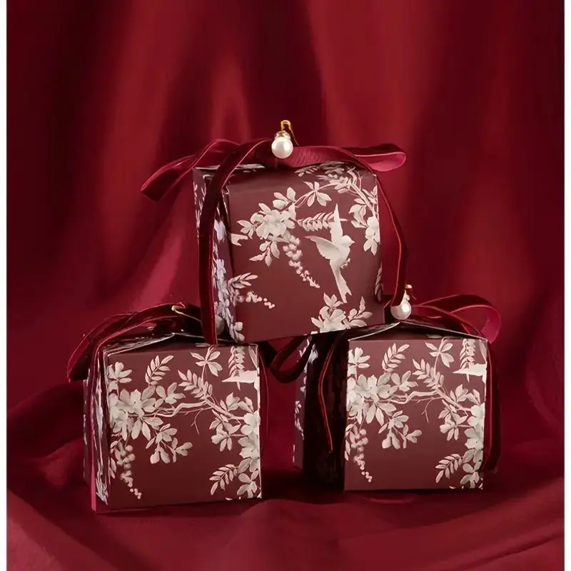 Elegant Floral Wedding Favor Boxes, Flower Gift Boxes, 50pcs with Velvet Ribbon & Pearl Accents, Leaf Pattern, Gift Box Design, Ideal for Parties & Gifts, Exquisite Gift Box