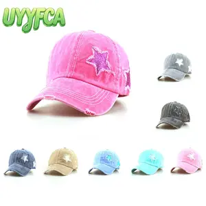 UYYFCA Y2K Distressed Denim Baseball Cap with Sparkly Glitter Star Patches | Vintage Washed Sequin Star Hat Adjustable Retro Trendy Streetwear Fashion Cap Women