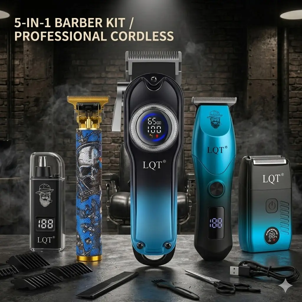 LQT 5-in-1 Professional Hair Clipper  Set for Men, Barber Kit with T-Trimmer, Detail Trimmer, Shaver, Nose Hair Trimmer, Cordless LED Display, USB Rechargeable, salon at home Grooming Kit, Gift Hair Cutting Kit