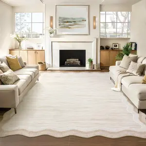 Machine Washable Non-Sli Runner Rug for Hallways Scalloped Bathroom Runners Kitchen Mat  Open Plan Interiors Modern Abstract Low-Pile Soft Carpet Runner Indoor Rugs for Entryway Laundry Room Foyer Beige
