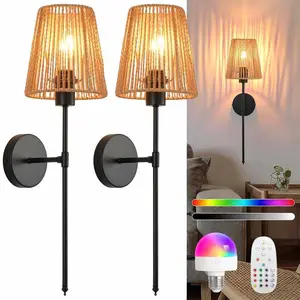 2-Pack Vintage LED Wall Lights, Handmade Rope Woven, Wireless Installation, Rechargeable Wall Sconces, Dimmable Wall Light, Ideal for Hallway, Bedroom, Study, Entryway