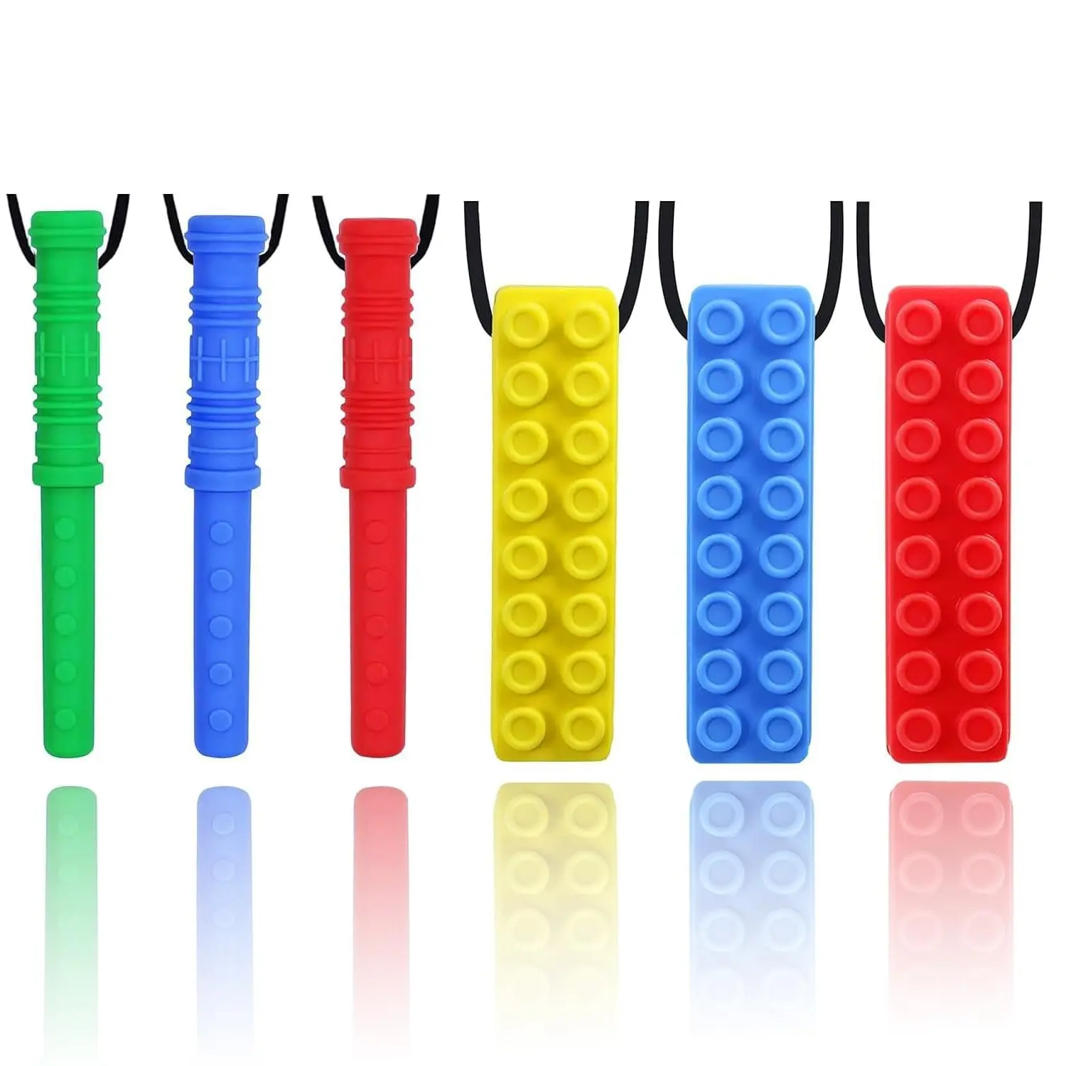 6 Pack Sensory Chew Necklace for Kids & Adults, Unisex Textured Food-Safe Silicon Blocks for Daily Use, High Chewing Resistance for Autism & ADHD, Ages 5 and Up, Pack Of Six, 60A Silicone