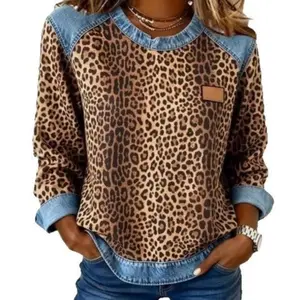 Women's denim patchwork waffle knit long-sleeved Henley sweater, button-down collar sweatshirt, casual winter pullover.