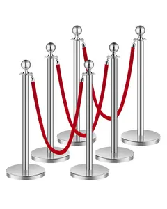 【Father's Day Gift】VEVOR 6-Piece Crowd Control Stanchion Set, Stainless Steel Posts with Hollow Base, 3 Red Velvet Ropes, Silver Stanchions for Wedding, Party Supplies, Red Carpet Runner Barriers