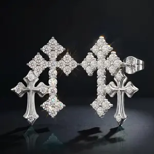 HELLOICE Double Cross Moissanite Earrings Stud Earrings VVS D Color Full Synthetic Moissanite Earrings Jewerly Gift