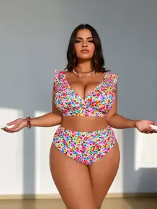 Women's Plus Size 2-Piece Random Floral Bikini Set, Polyester High-Stretch Beachwear with Ruffle Trim, V-Neck, High-Waist Bottoms, Removable Pads, Colorful