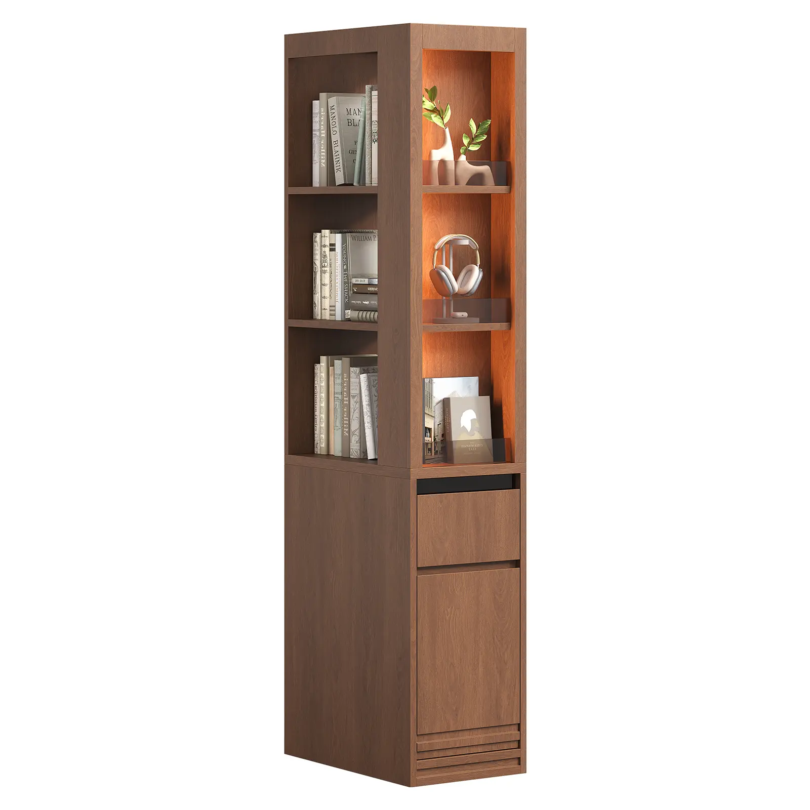 Sikaic Modern Narrow Bookshelf with LED Display Shelf, Drawer and Cabinet Base, 12 Inches Bookcase with 270° Open Access, Adjustable Shelves, Glass Magazine Display, Home Furniture, Dorm Essentials [tiktokshopbacktoschool]