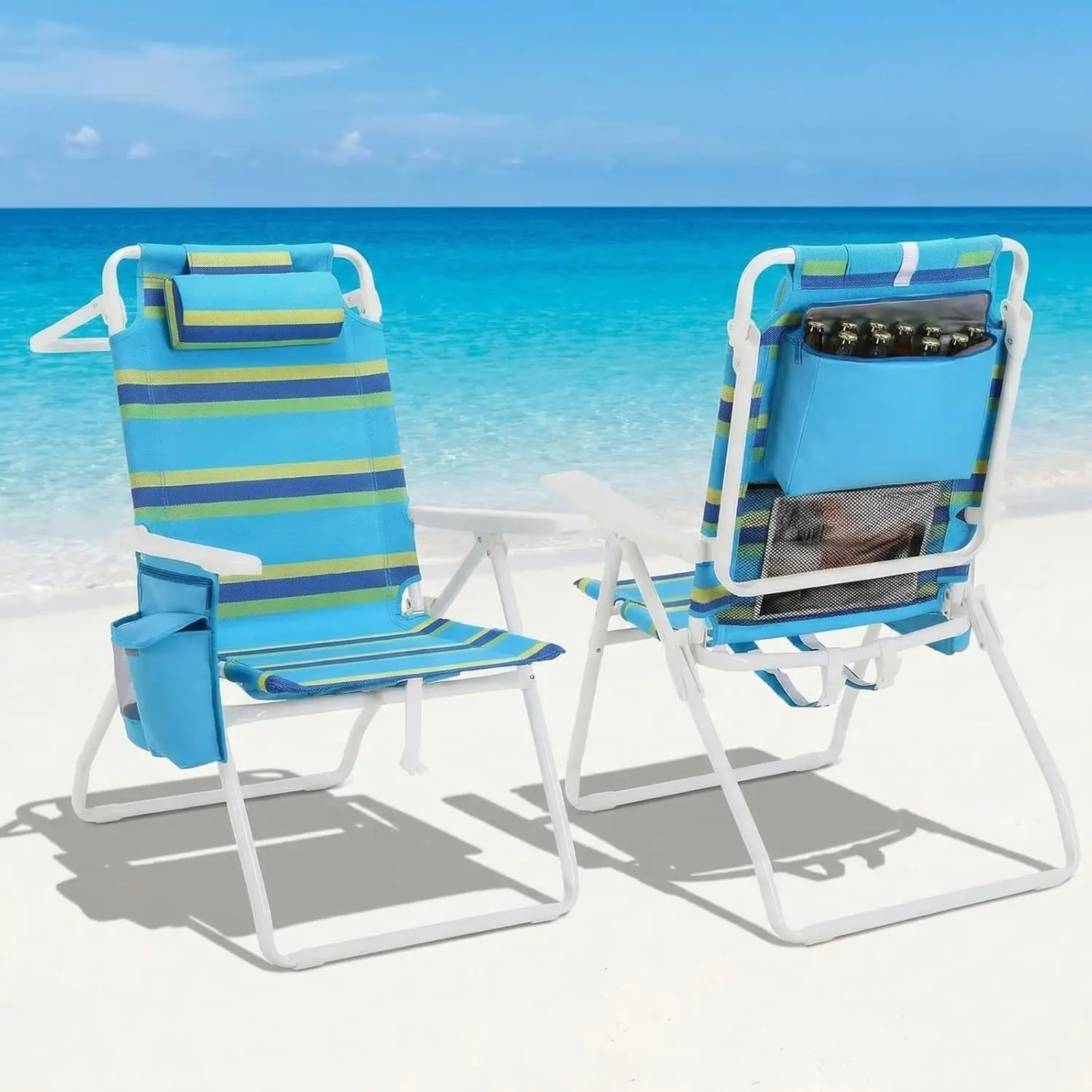 MAMIZO Reclining Beach Chair for Adults - 5-Position Lay Flat with Recline Lock, Teslin Fabric, 25" W, Headrest, Cooler Pouch, Towel Bar, Foot Mat, Storage Bag, Lightweight Fold-Up Outdoor Weather Resistant Chair for Patio Camping, Stable, Beach Chairs