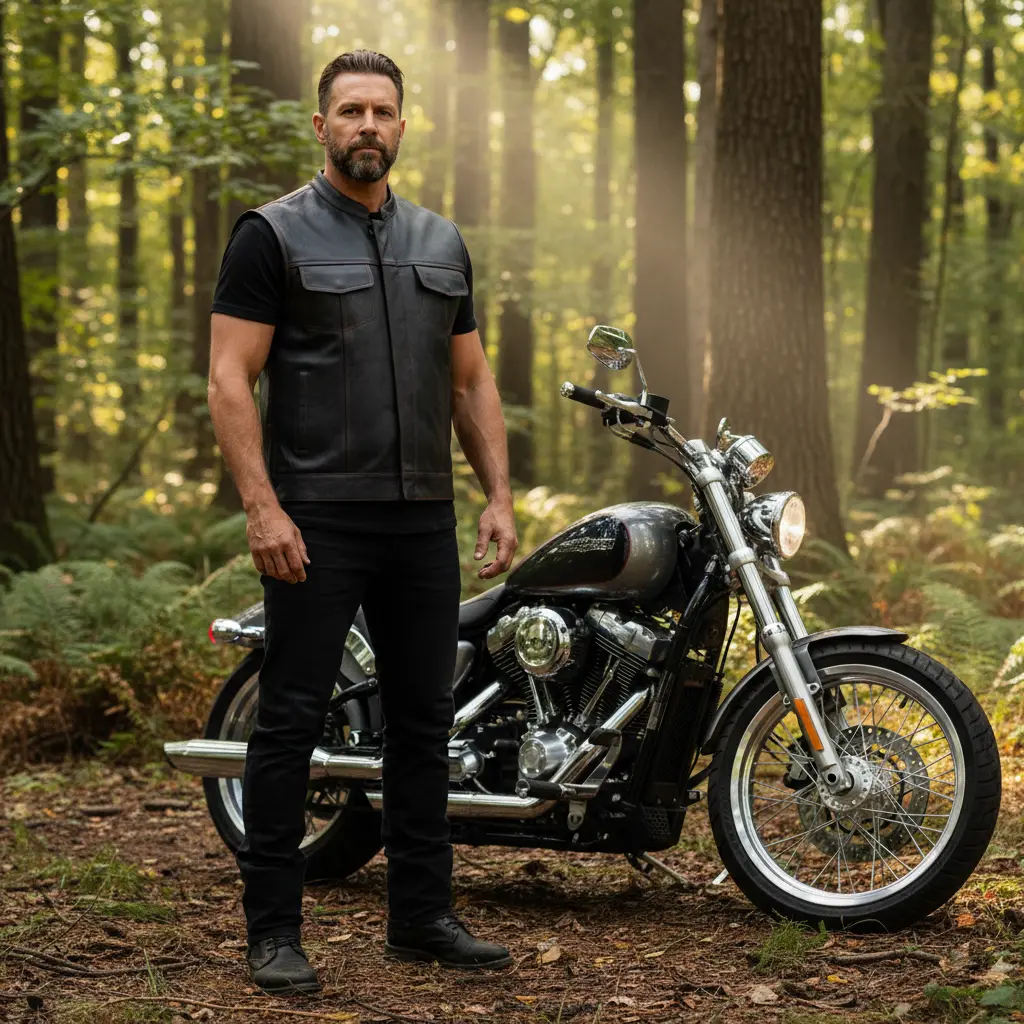 Premium Buffalo Leather Motorcycle Vest – Scoop Collar & Concealed Carry