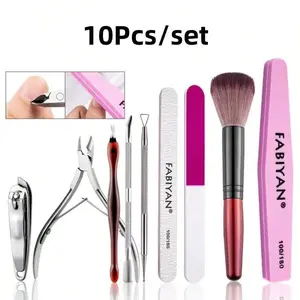 10 Piece Nail Care Set with Cuticle Pusher, Nail Clippers, Files, Buffing Block, Cleaning Brush for Home Use, Portable Manicure and Pedicure Kit