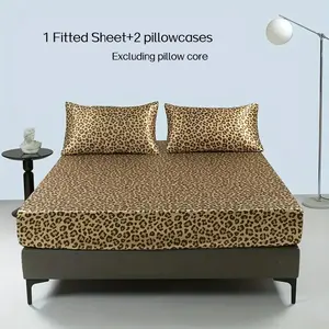 3pcs leopard print faux silk printed  fitted sheet set (1 fitted sheet+2 pillowcases), height 14 inches, modern design polyester fabric high gloss color Ding fitted sheet set suitable for home and decoration