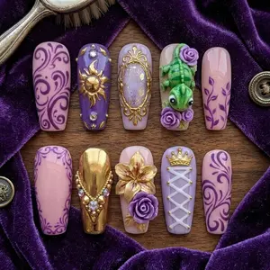 3D Lost Princess Press on Nails, Magic Golden Hair Fake Nails, Purple Flower Crown Nails Art, Green Chameleon Handmade Glue on Nails