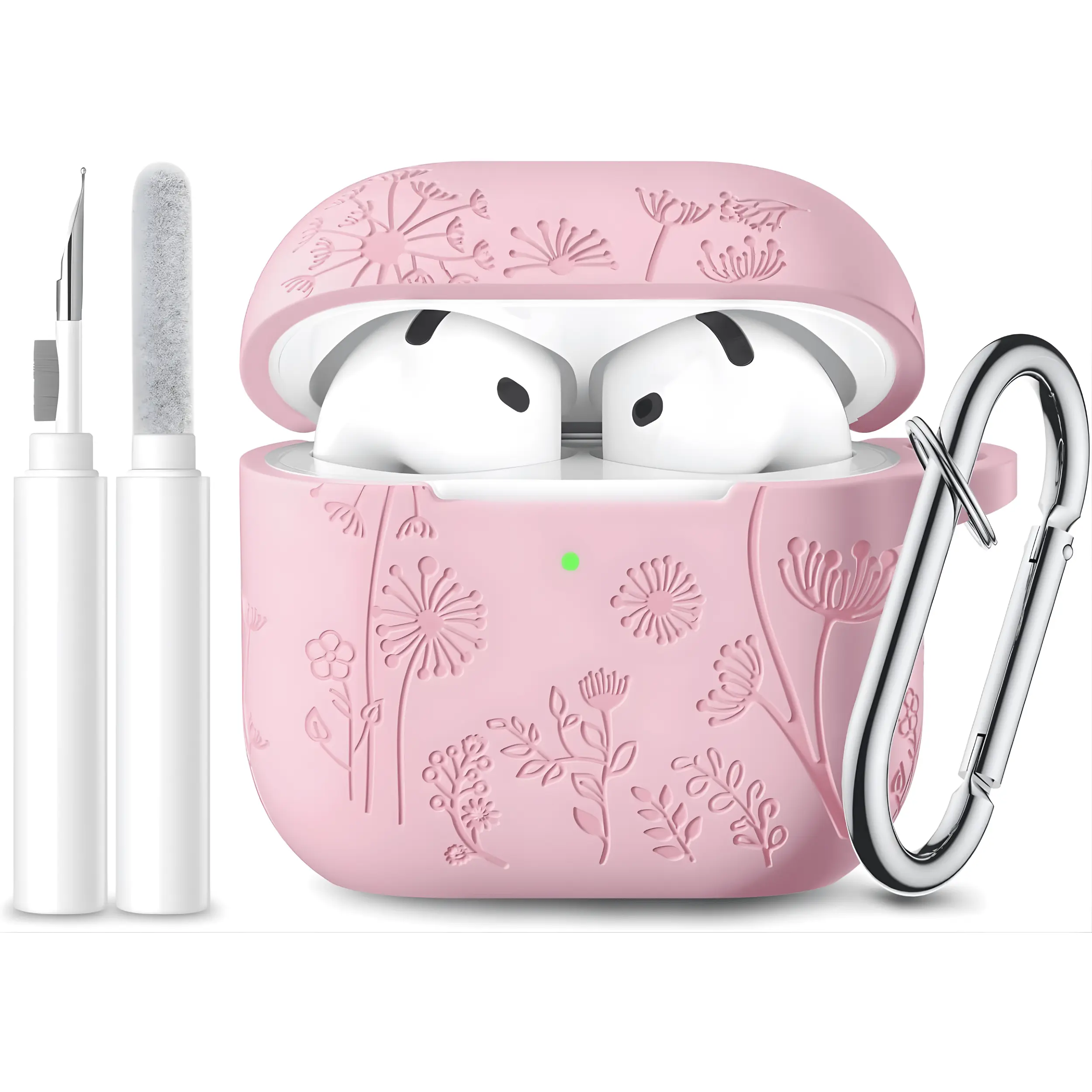 AirPods 4 Case 2024 Cute Pink Flower Engraved Silicone Protective Cover with Keychain & Cleaner Kit, Shockproof Anti-Scratch Slim Case for Apple AirPods 4th Generation, Girly Accessories