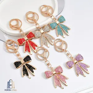 Rhinestone Bow Keychain, Gold Plated Sparkling Crystal Bowknot Bag Charm, Colorful Key Ring Pendant for Women, Cute Bling Key Accessory for Car & Handbag