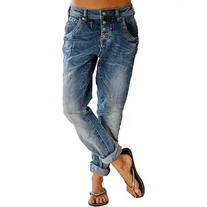 Women's Stretchy Straight Leg Casual Low Rise Jeans Wash Button Fly Stitch Detail 90s Trendy Denim Jeans