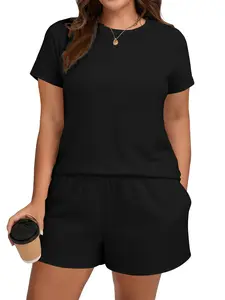 Women's Plus Size Casual Plain Short Sleeve Top & Shorts Set, Spring Summer Loose Fit Comfortable, All Seasons Fashion