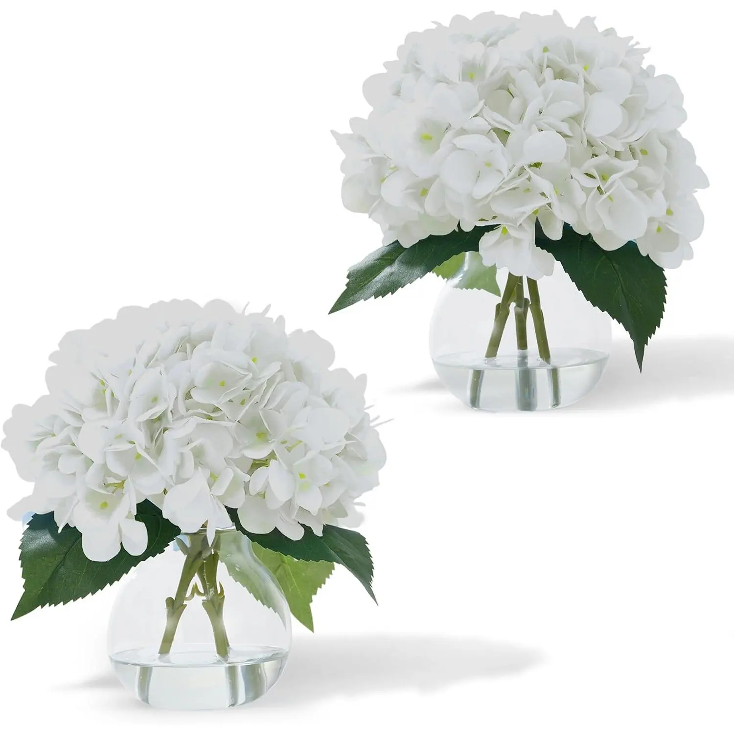 GARVEE 2PCS Pre-Assembled Silk Fake Hydrangea Bouquet in Round Glass Vase with Faux Water, Indoor Furniture Set Floral Accent Decor Gift for Home (White)