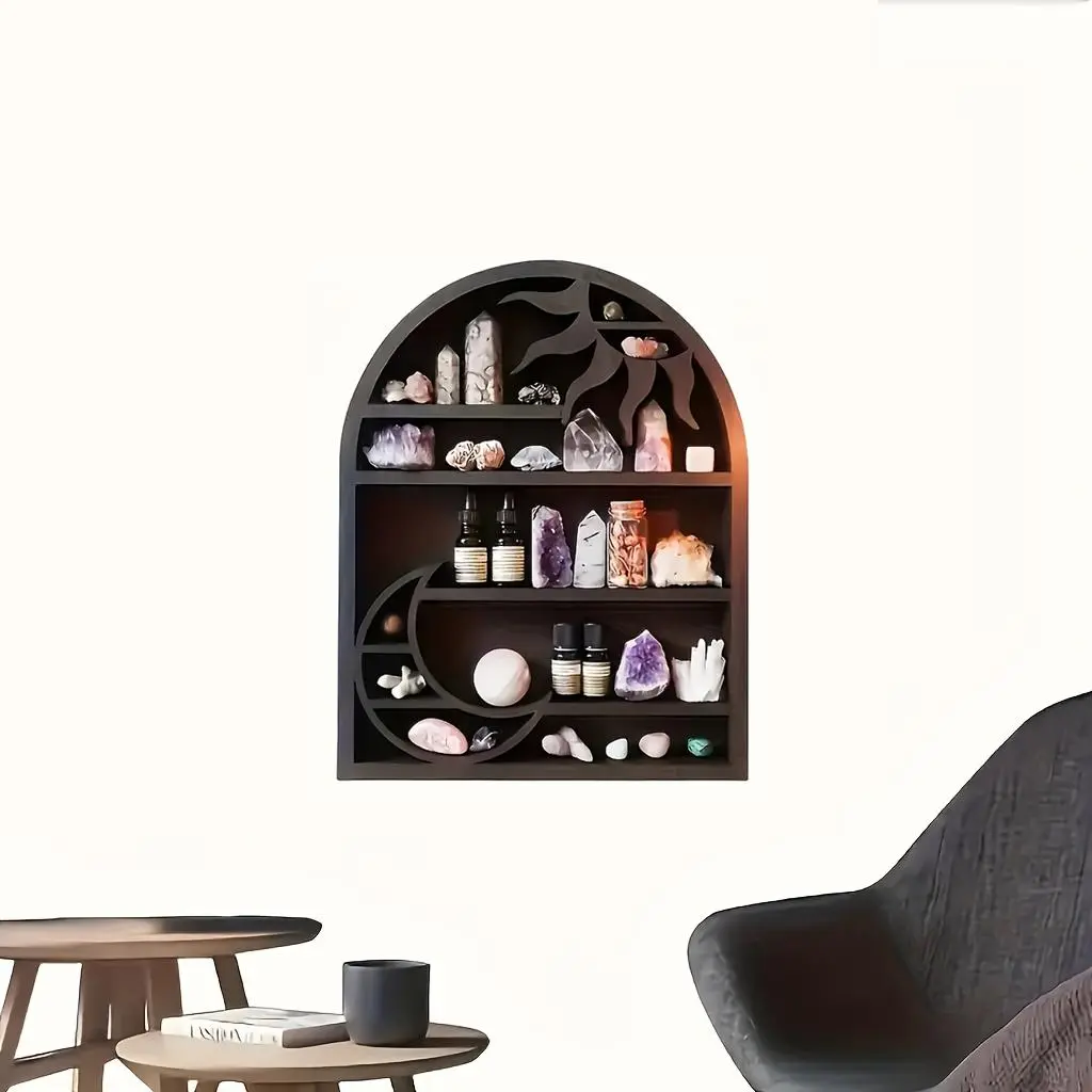 Boho Style Wall Mounted Storage Rack, Moon & Sun Design Wall Hanging Storage Rack, Home Organizer for Crystal & Perfume & Candle, Decor, Wall Mounted Shelf, Wall Shelf Unit