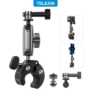 TELESIN Handlebar Mount Clamp with 360° Ball Head for 360 Action Cameras, Bike & Motorcycle Bar Mount for GoPro Hero 13/12/11/10/9/8, DJI Osmo Action 5/4/3 Pocket 3, Insta360 X5/X4/X3/ACE/GO 3,Akaso, Xtra– Perfect for Cycling, Motorcycle, Outdoor Riding