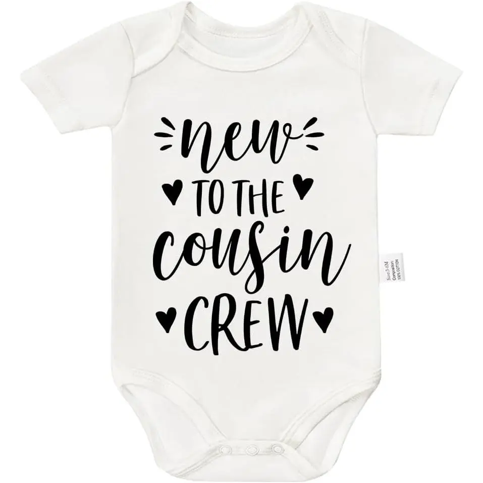 Unisex Cotton Crew Neck Short-Sleeve Graphic Bodysuit - Funny "New to the Cousin Crew" Fun Themed, Machine Washable Baby Bodysuit for 0-24 Months Newborns, 9-12 Months Infants, Fun Themed Bodysuits, Bodysuit Clothes, Snaps