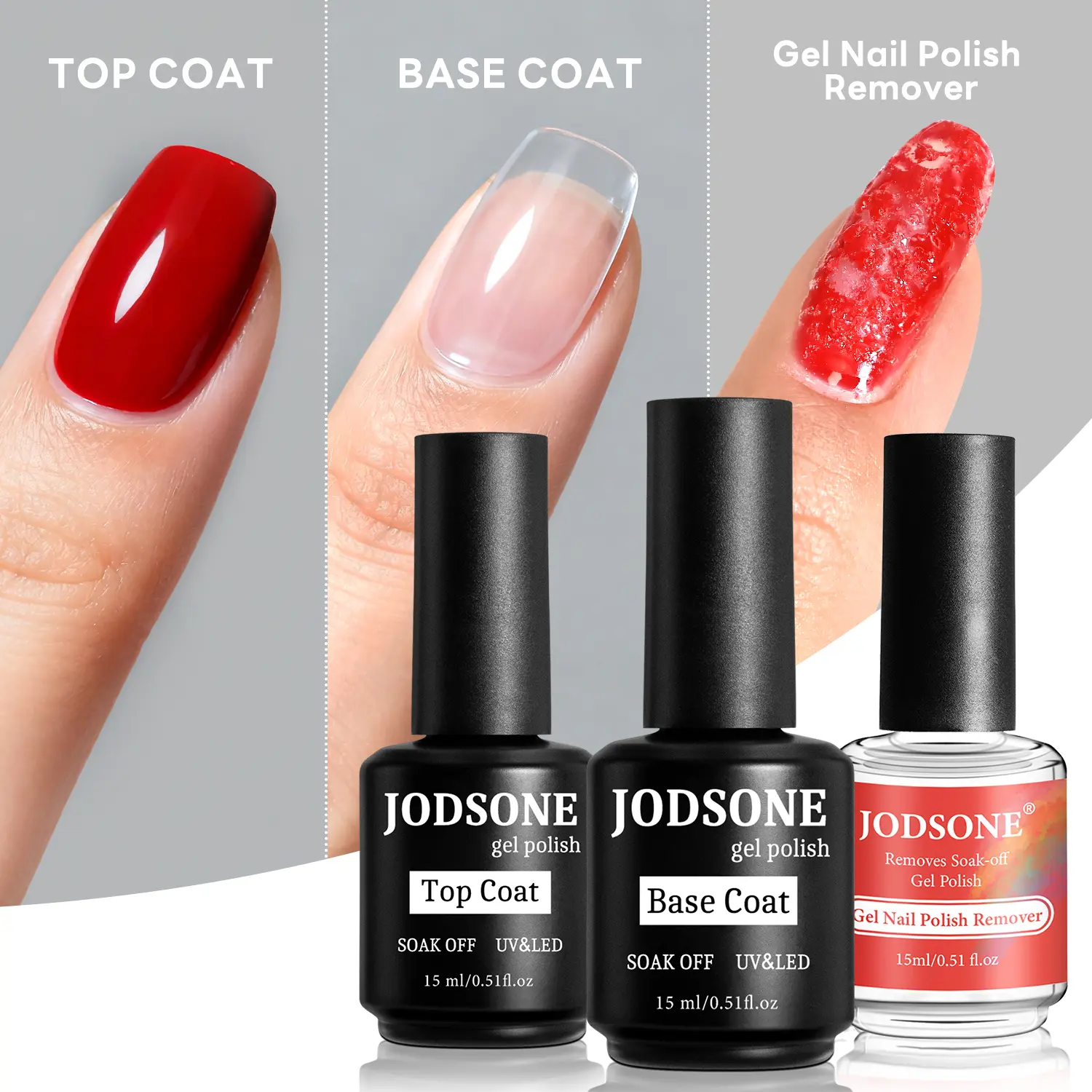 JODSONE 3-Piece Manicure Kit with Quick Gel Remover, Base & Top Coat, 15ml Nail Care Cosmetic Set for Acrylic Nails, Nail Polish, Gel Polish
