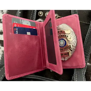 Police Badge Wallet  All Leather Universal Fit-Dusty Rose Pink-For Pin and Clip Back Badges