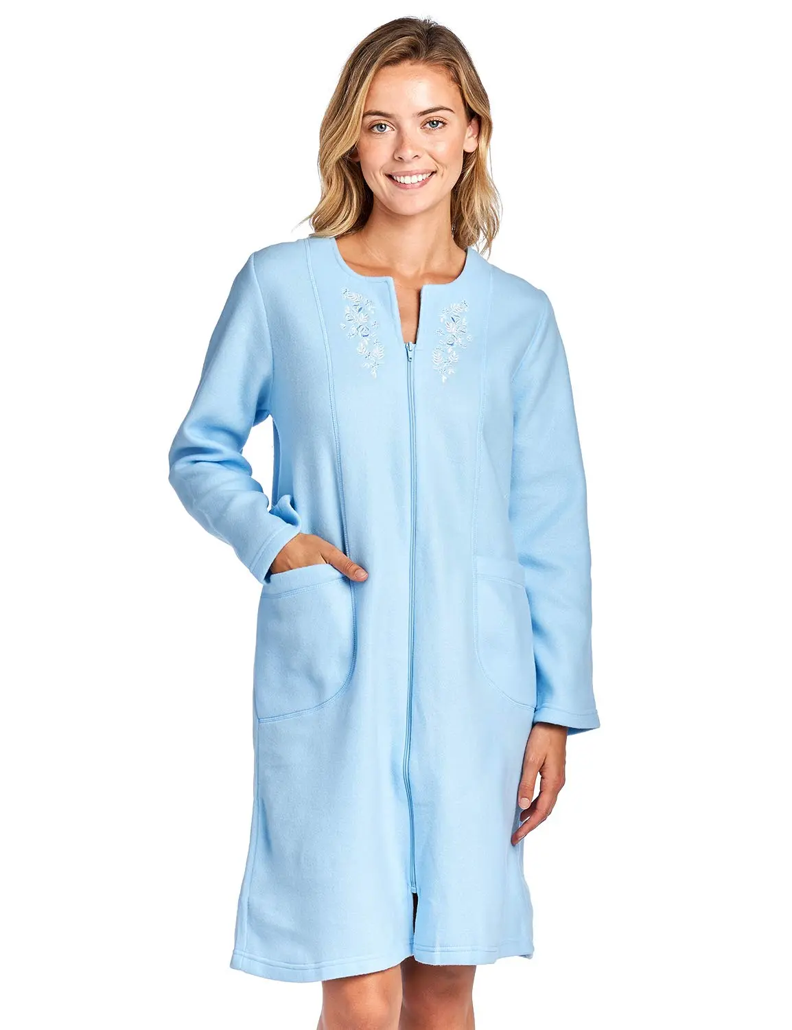 Casual Nights Women's Smooth Fleece Zipper Robe with Embroidered Flowers, Long Sleeve Loungewear Housecoat, Embroidery, Bathrooms, Gyms, All Seasons, Nightwear, Lightweight, Bathrobe, Basic