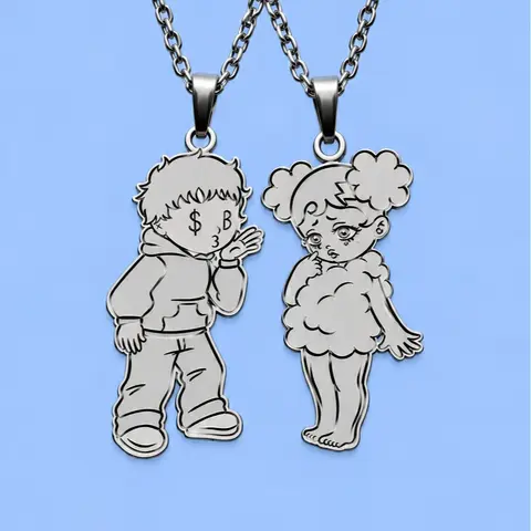 Sadboyz Stainless Steel Couple Necklace – Matching Boy & Girl Character Pendants, Gold-Tone Jewelry Set