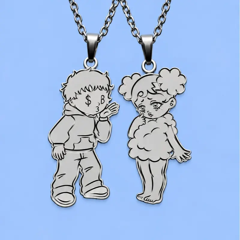 Sadboyz Stainless Steel Couple Necklace – Matching Boy & Girl Character Pendants, Gold-Tone Jewelry Set