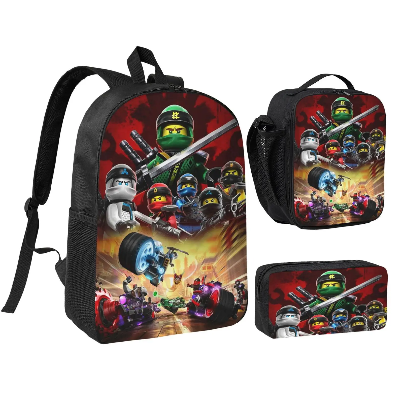 3pcs Teenager Anime Cartoon Ninjago 17inch Daypack With Lunch Box And Pencil Case, Casual Large Capacity College Laptop Bag Schoolbag Travel Gifts