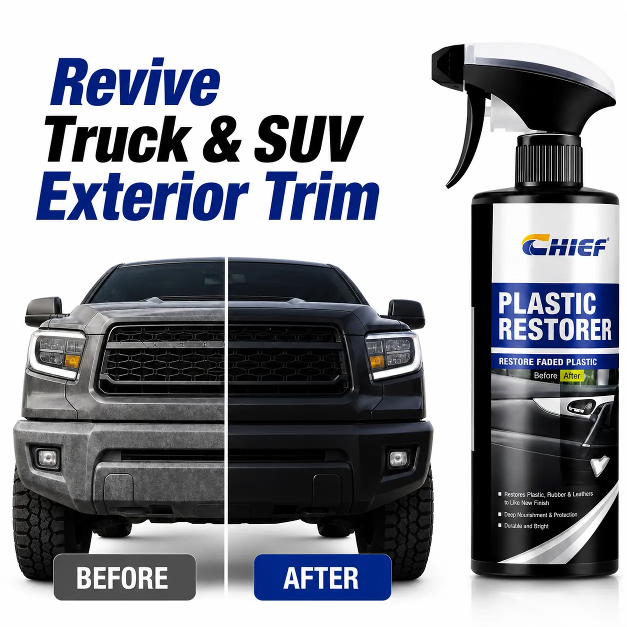 CHIEF 3-In-1 Plastic Restorer Spray, Truck SUV and Jeep Plastic Restorer, Black Trim Restorer for Bumpers, Fender Flares, Step Bars and Exterior Cladding#truck plastic restorer  #SUV restorer #Jeep restorer #car detailing products#car interior maintenance