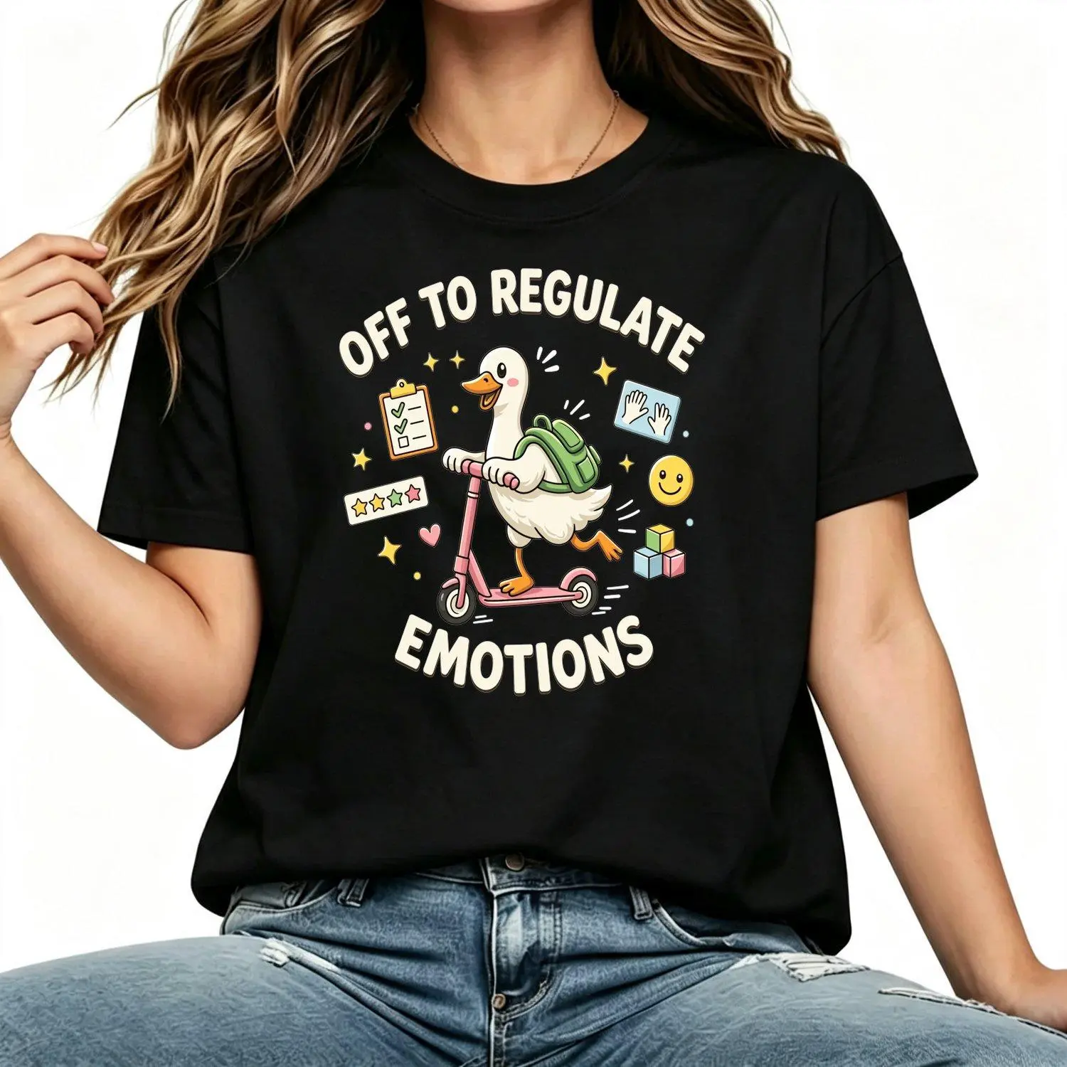 Women's Short-Sleeve Streetwear Graphic T-Shirt, Funny Goose Print Top for ABA Therapy Therapists (Emotion-Regulating Casual Tee)