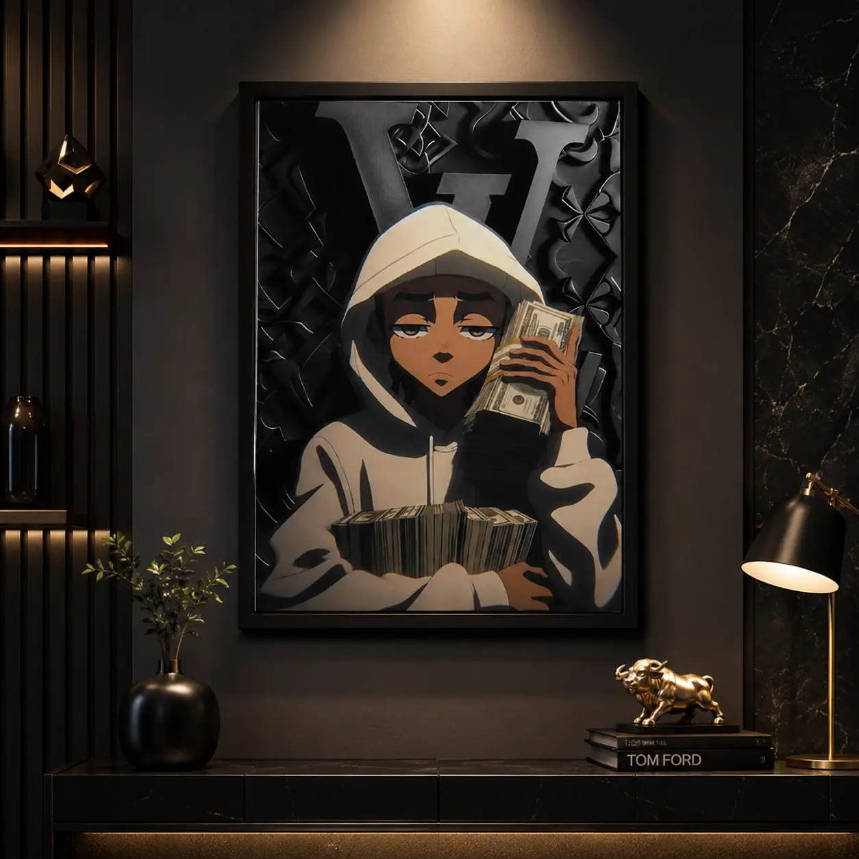 Riley Freeman's money-themed canvas wall art 'A Stack of Cash' is the ultimate choice for male spaces decorated by hip-hop and anime enthusiasts, and also a perfect choice for modern rooms., Canvas Print, Hip Hop Decor, Anime Room Decor, Man Cave Decor