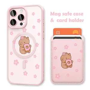 Flower Capybara TPU Wireless Protective Durable Phone Case & Card Holder Wallet, Magnetic Shockproof Clear Blush Pink Cover, MagSafe Compatible for iPhone 17/16 Pro Max, Samsung S25 Black Mobile Phone Accessories