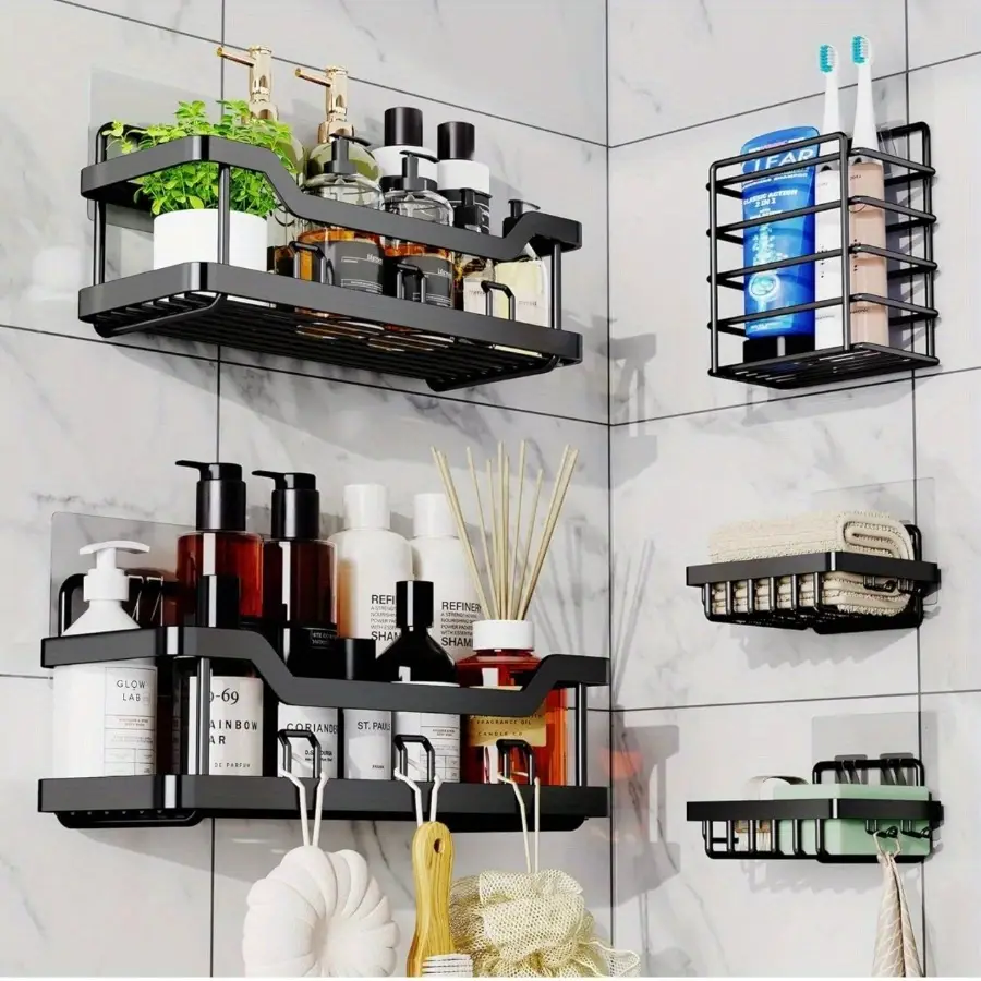 3/5 Pack Shower Organizer , Adhesive Shower Caddy with No Drilling, Large Capacity, Rustproof Stainless Steel for Bathroom Organizers and Storage&Kitc