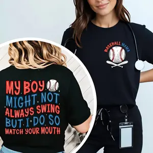 Casual Short-Sleeve Baseball Mama T-Shirt - My Boy Might Not Always Swing, Funny Baseball Sayings, Sports Mom Gift Top