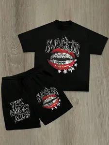 Men's Letter Print Short Sleeve Tee & Shorts Two-Piece Set, Regular Fit Casual Loungewear Round Neck T-shirt & Shorts, Men's Summer Clothes for Daily Wear