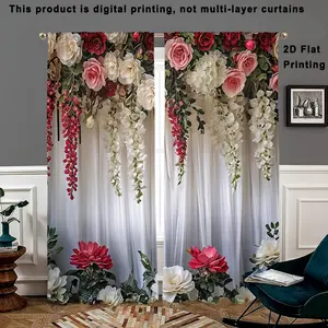 2 pieces, 2D printed floral rose curtains, elegant garden style, pole pocket style, semi sunshade polyester fiber, suitable for home living room, bedroom, balcony, kitchen, study and shower window decoration, anti privacy, easy to clean.