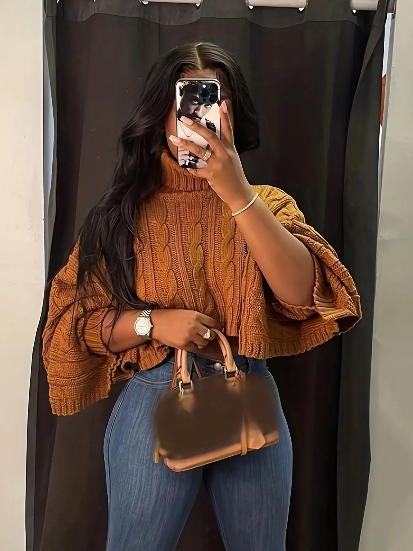 Women's 6915 Thick Cable-Knit Crop Turtleneck Knitwear Pullover - Stretchy Long Flared Irregular Sleeves, Retro Twist Asymmetrical Drape Hem, Loose-Fit Polyester Knit, Hidden Pockets, Non-Scratchy, All-Season Casual Top, Brown, Hand Wash Only