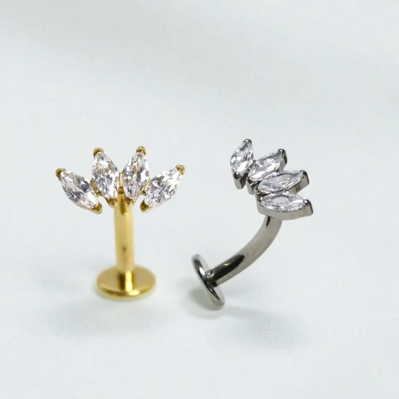Unisex 14g Titanium Marquise Gem Belly Ring - Threadless Push Pin Top, 3/8” (10mm) Length, Gold & Silver, Easy On/Off Everyday Wear Body Jewelry