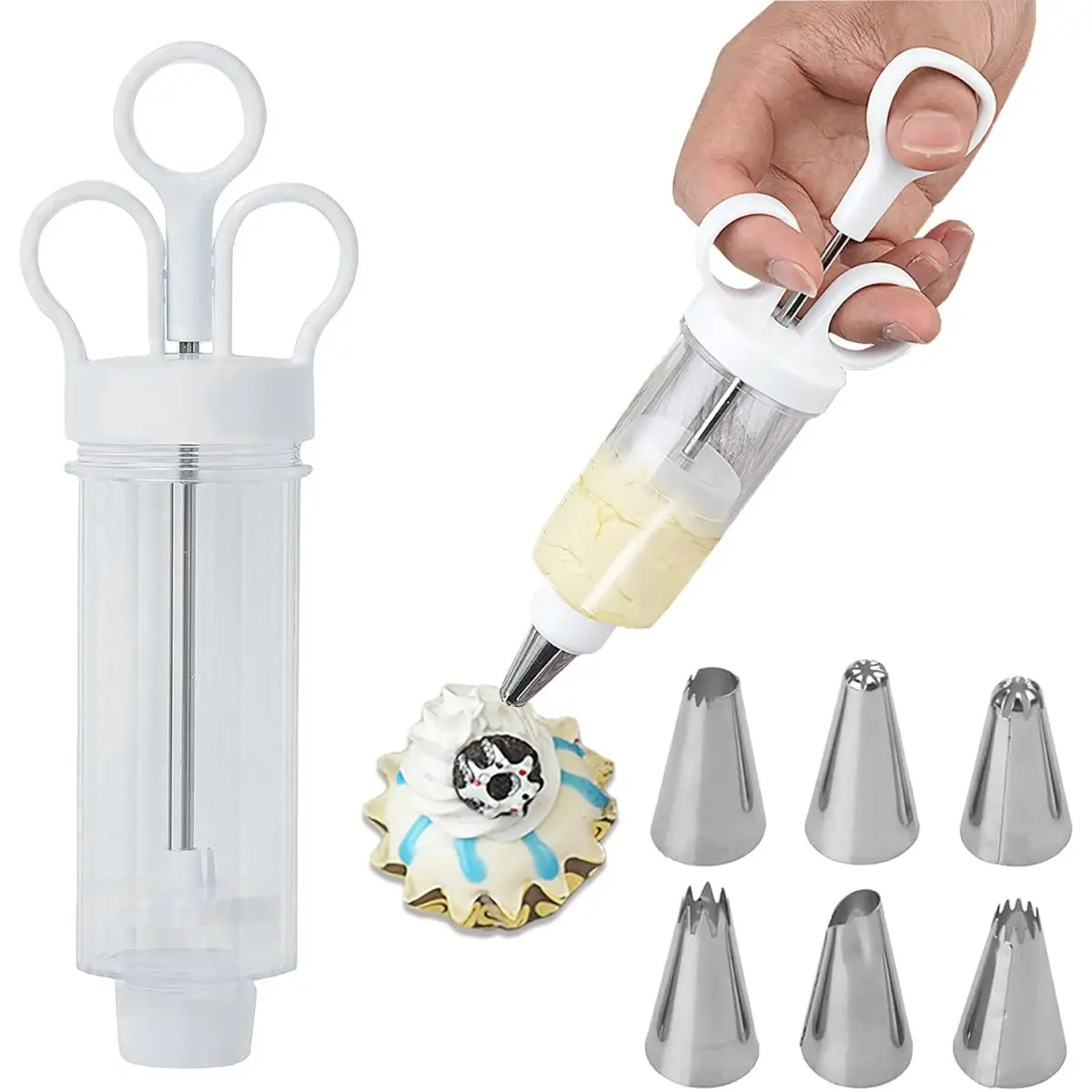 Cake Decorating Piping Set - Reusable Plastic Icing Syringe with 6 Small Stainless Steel Tips, 1-Hand Push Dessert Filler for Cupcakes, Piping Bag, Small Tips, One-Hand Push