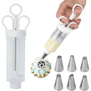 1 Set Cake Decorating Syringe Kit, Equipped with 6 Stainless Steel Nozzles for Filling Cupcakes, Donuts, Puffs, Pancakes