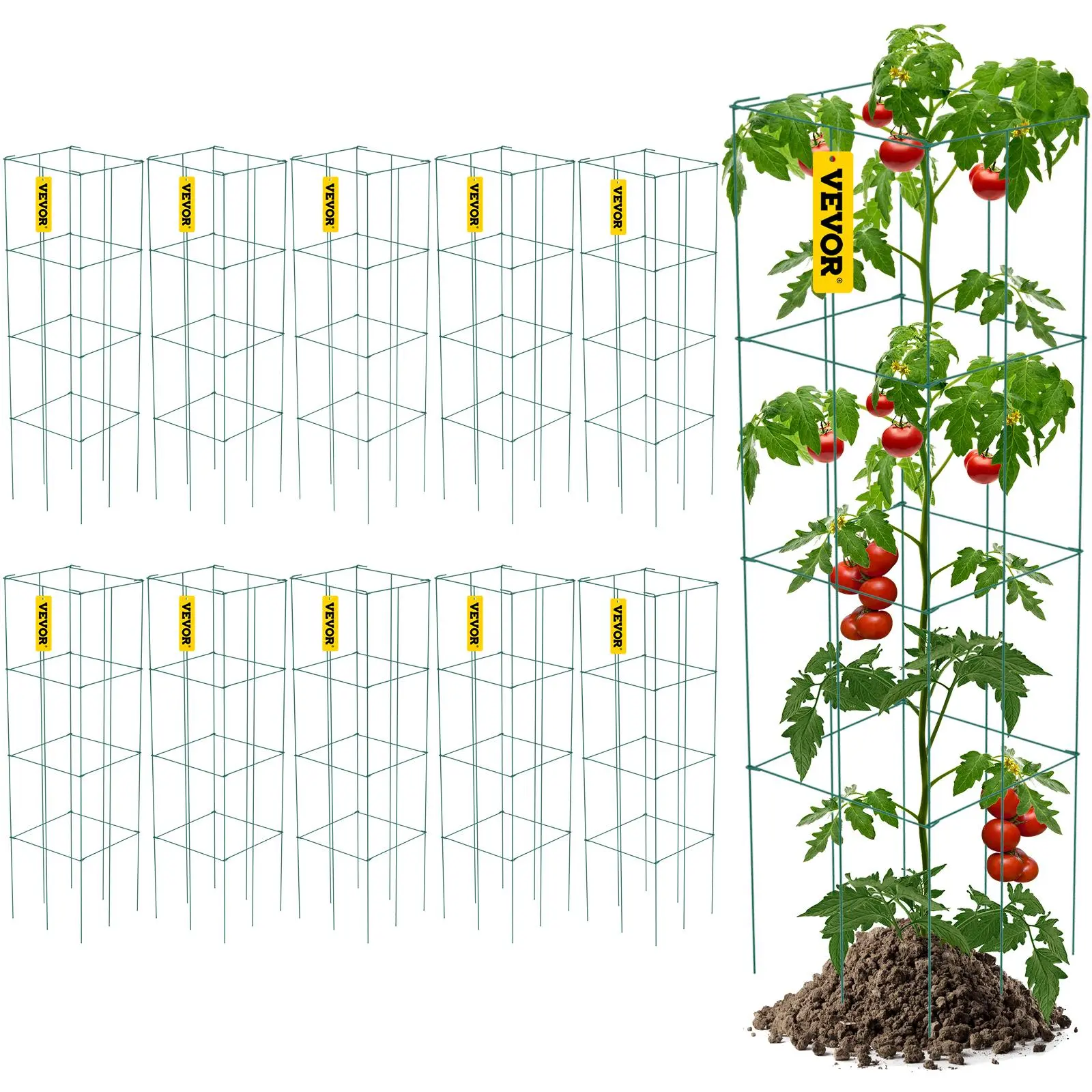 【Summerfinds】VEVOR Tomato Cages,  11.8\" x 11.8\" x 46.1\", 10 Packs Square Plant Support Cages, Green PVC-Coated Steel Tomato Towers for Climbing Vegetables, Plants, Flowers, Fruits