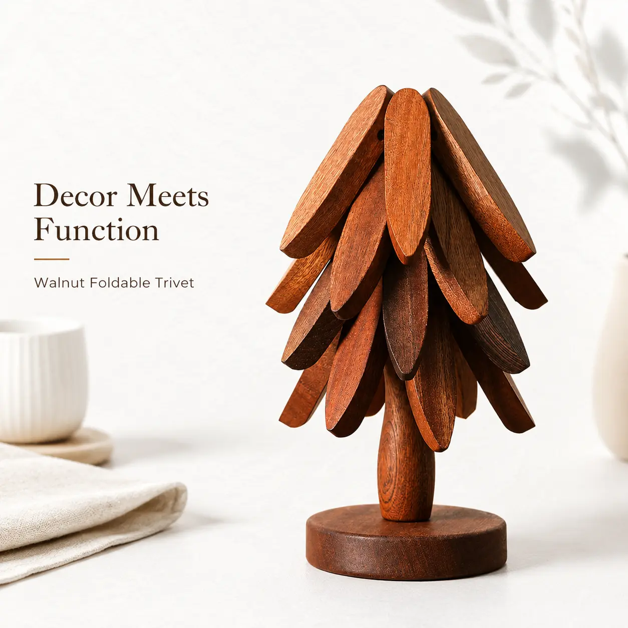 Wooden Coaster for Hot Dishes, Tree Shape Trivet Set, 4 Walnut Wood + 1 Stand stored Like a Christmas Tree,Foldable Kitchen Wooden Trivet,for Hot Dishes、Pot、Bowl、Teapot、Hot Pot Holder(Walnut Wood),decorative trivet,natural tree trivet, wood coaster